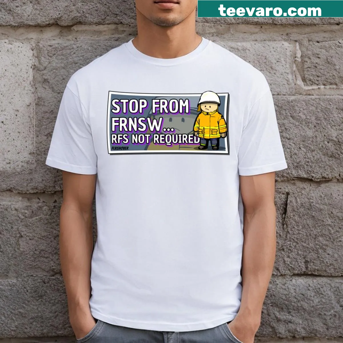 Whimsical phrase 'Stop From Frnsw' on a t-shirt — on a men's t-shirt