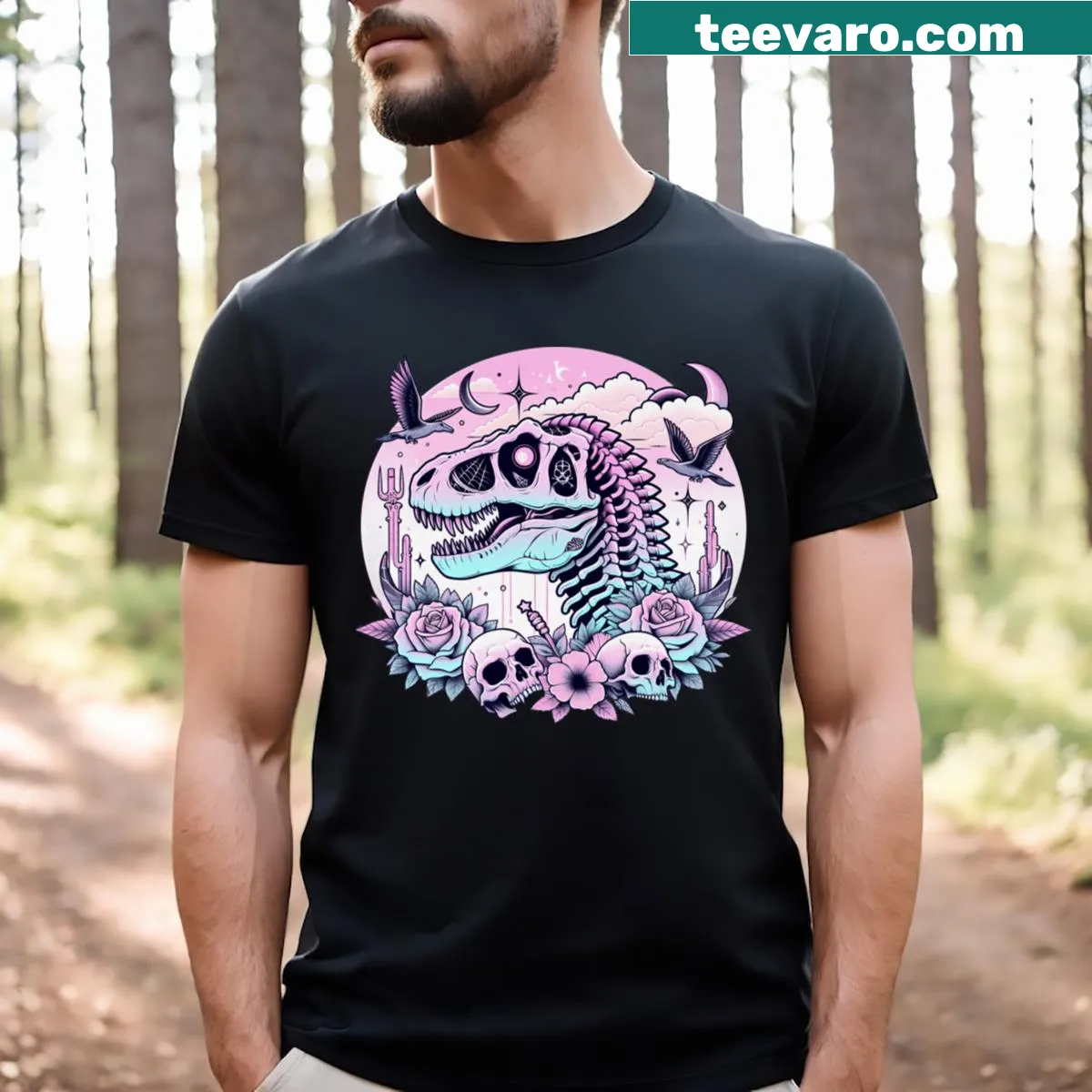 T-shirt featuring a T-Rex skull in pastel goth style — on a men's t-shirt