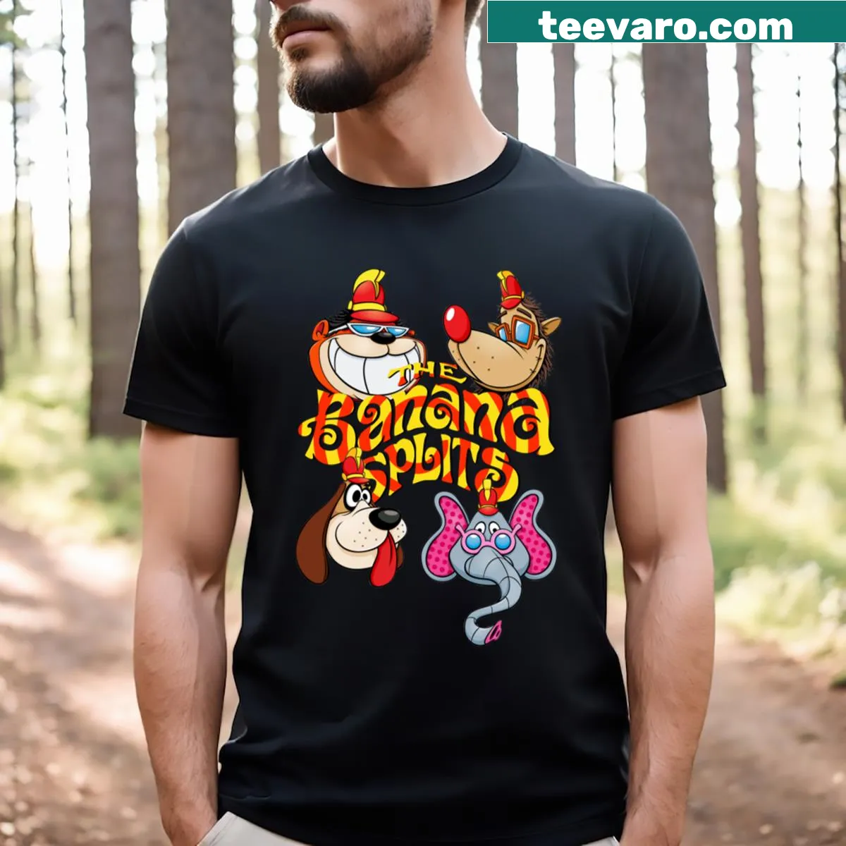 Cartoon design t-shirt featuring The Banana Splits characters — on a men's t-shirt