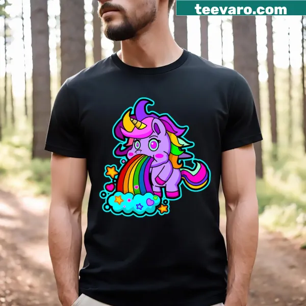 Cartoon unicorn vomiting a rainbow on a T-shirt.
