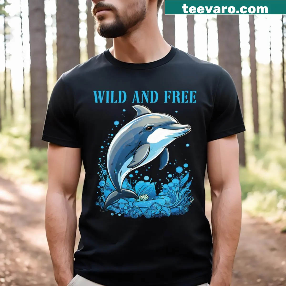 Dolphin leaping above waves design on a T-shirt — on a men's t-shirt