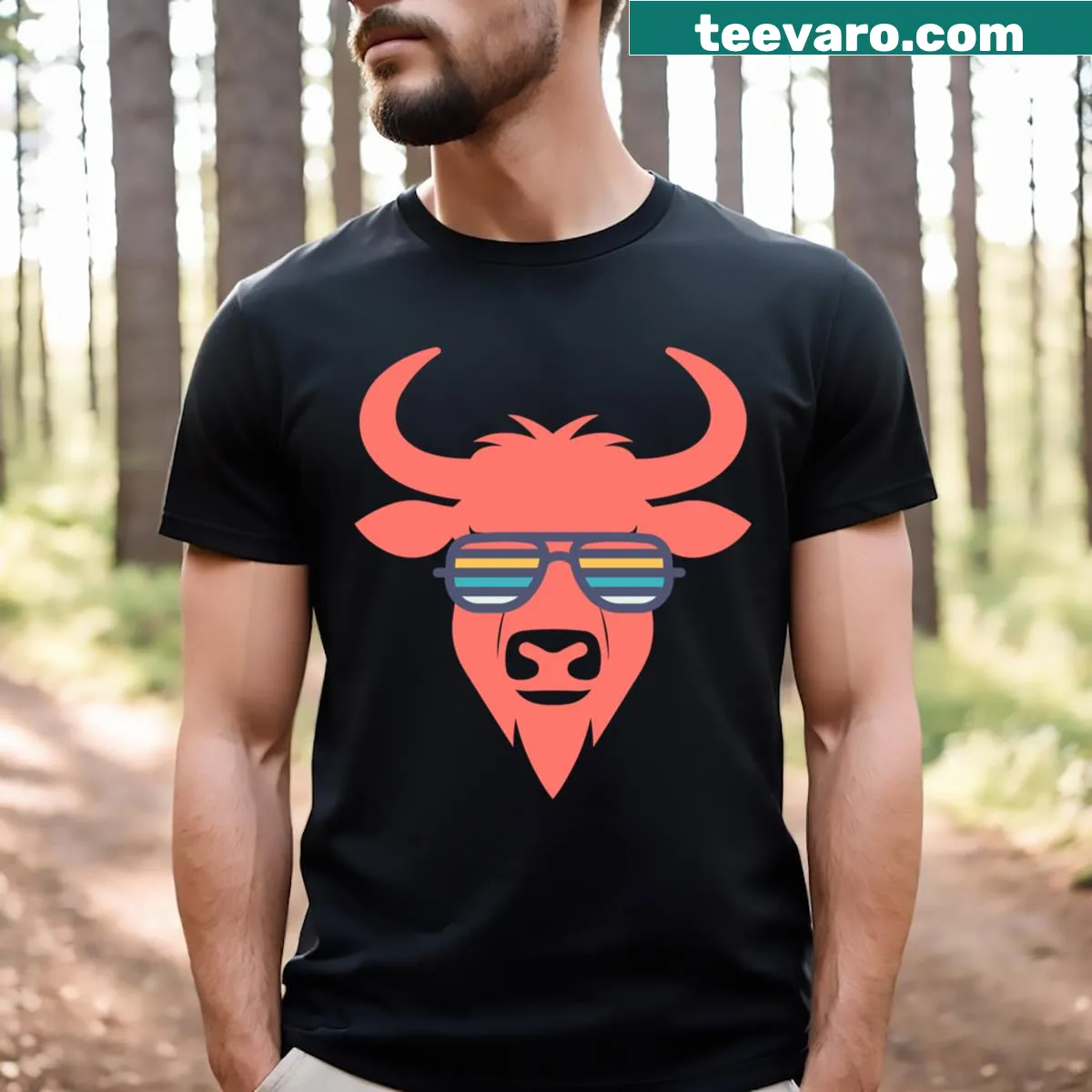 Illustration of a wildebeest wearing colorful sunglasses on a T-shirt — on a men's t-shirt