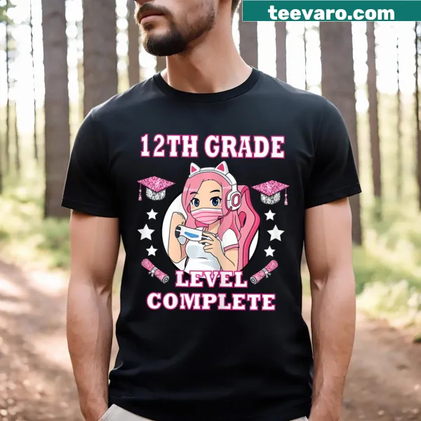 Funny gaming-themed graduation T-shirt featuring an anime girl