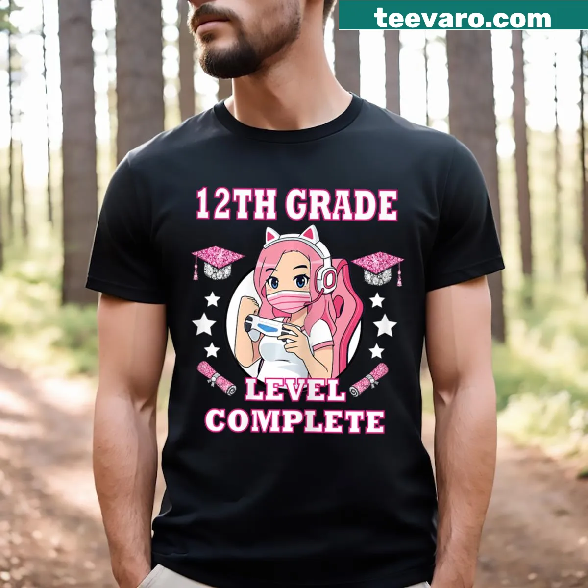 Funny gaming-themed graduation T-shirt featuring an anime girl — on a men's t-shirt