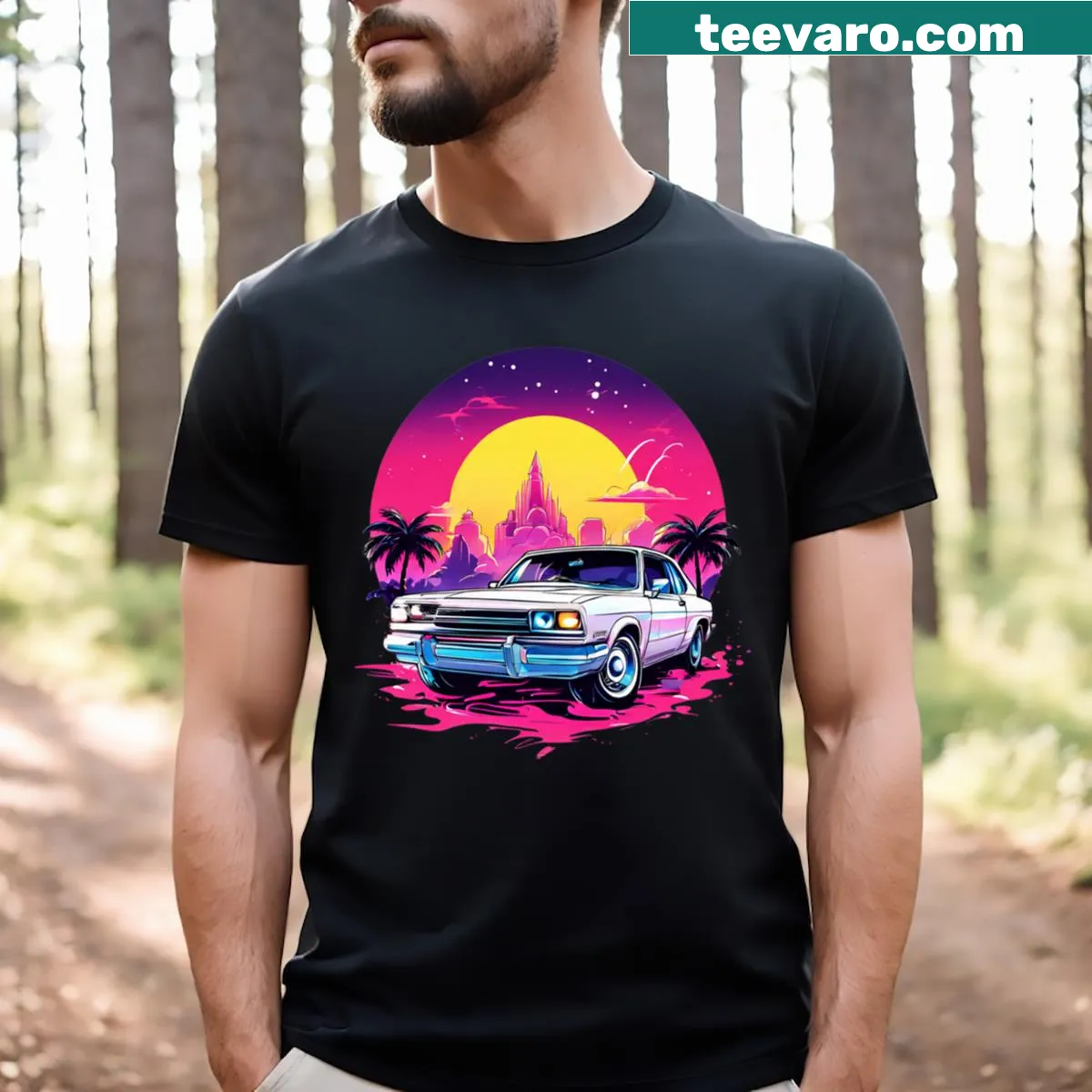 T-shirt featuring iconic cars from 80s movies — on a men's t-shirt
