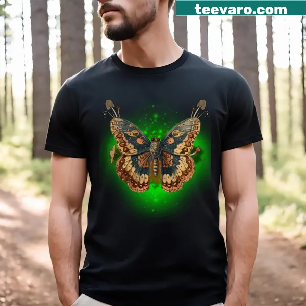 Illustrated T-shirt featuring a magical moth and mushrooms