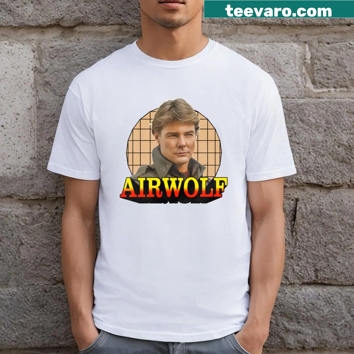 T-shirt featuring an illustration of the Airwolf helicopter from the classic TV show — on a men's t-shirt