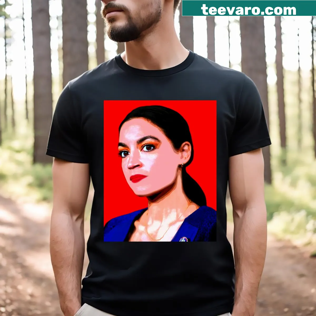 Bold typography t-shirt featuring Alexandria Ocasio Cortez name — on a men's t-shirt
