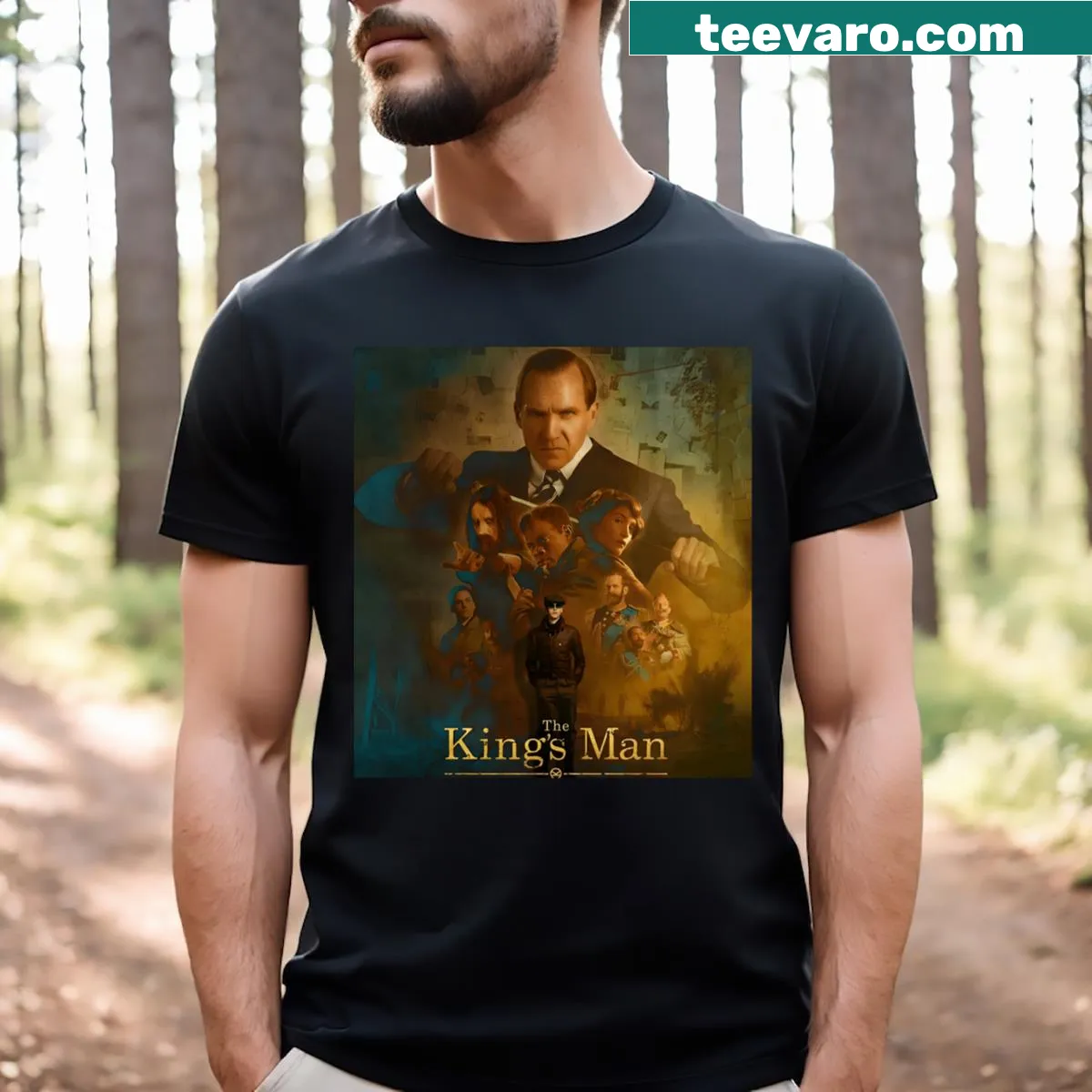 Illustrative t-shirt featuring All The Kings Men movie posters — on a men's t-shirt