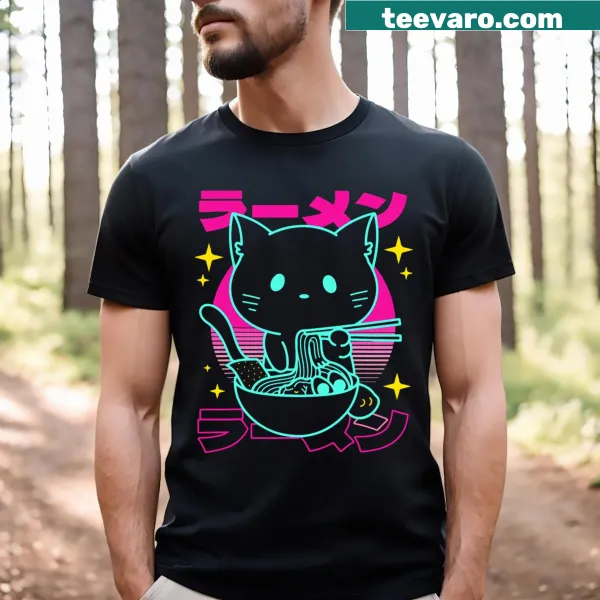Kawaii cat T-shirt with retro ramen and anime design