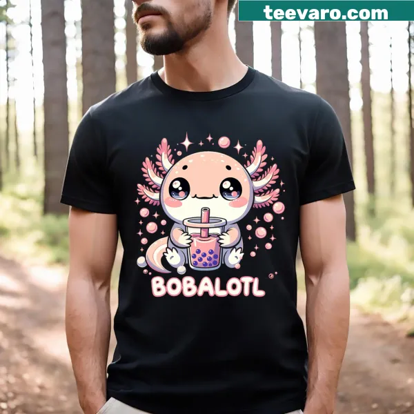 Kawaii axolotl next to a boba tea cup on a t-shirt