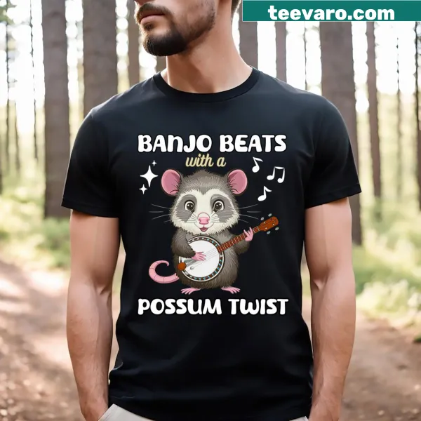 Cartoon t-shirt of an opossum playing banjo