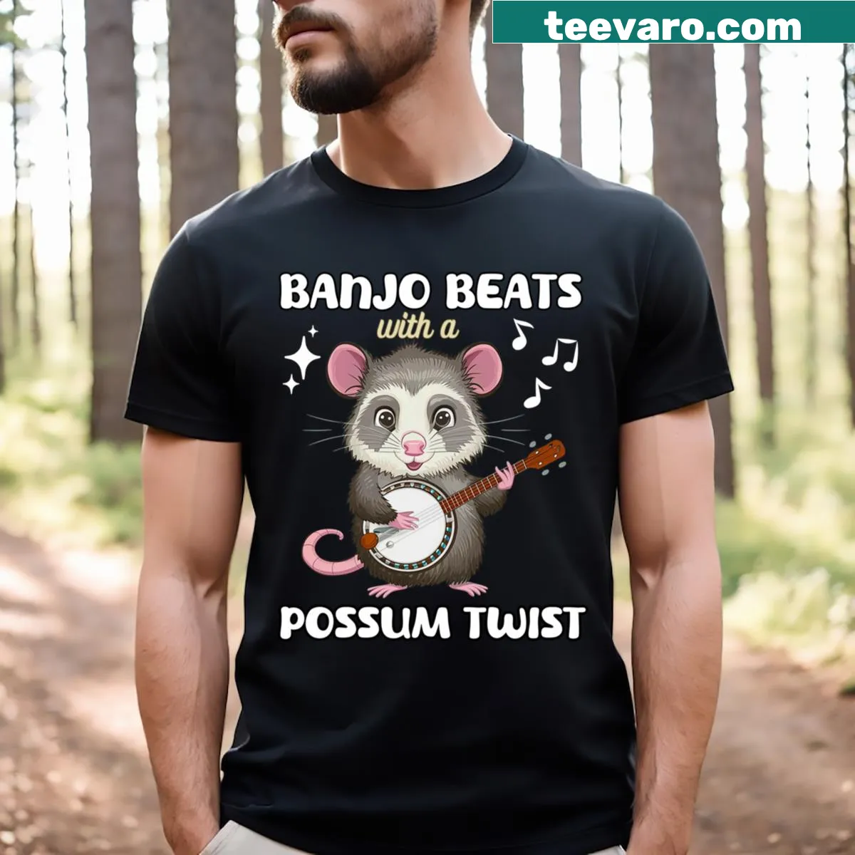 Cartoon t-shirt of an opossum playing banjo — on a men's t-shirt