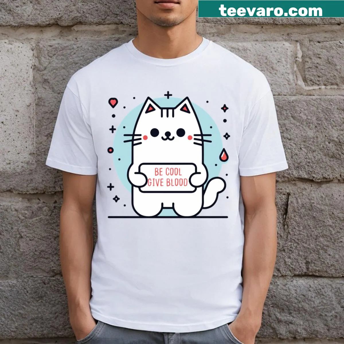 Funny t-shirt with 'Be Cool Give Blood' slogan and cat graphic — on a men's t-shirt