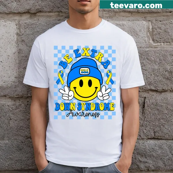 Smiley face design promoting Down Syndrome awareness on T-shirt