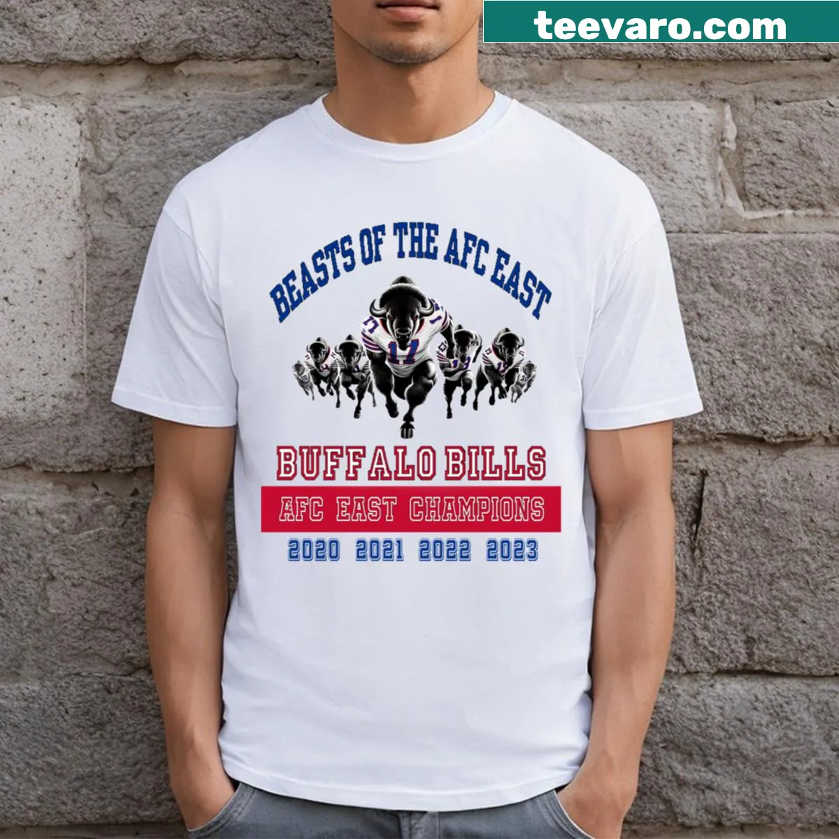 Bold T-shirt representing the AFC East football teams — on a men's t-shirt