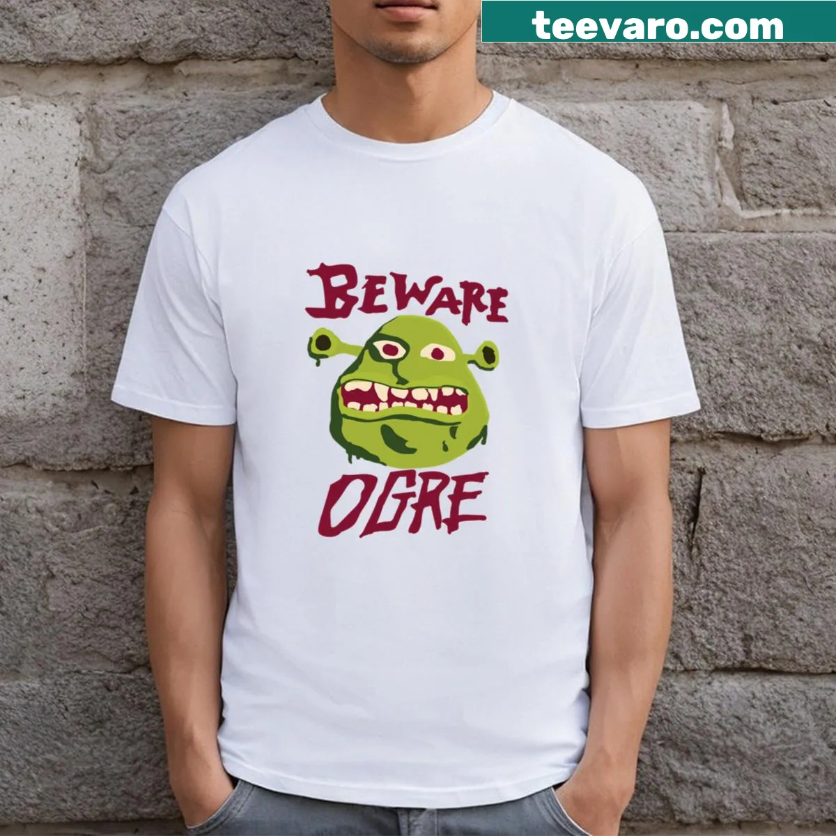Humorous T-shirt with a Beware Ogre graphic inspired by Shrek — on a men's t-shirt