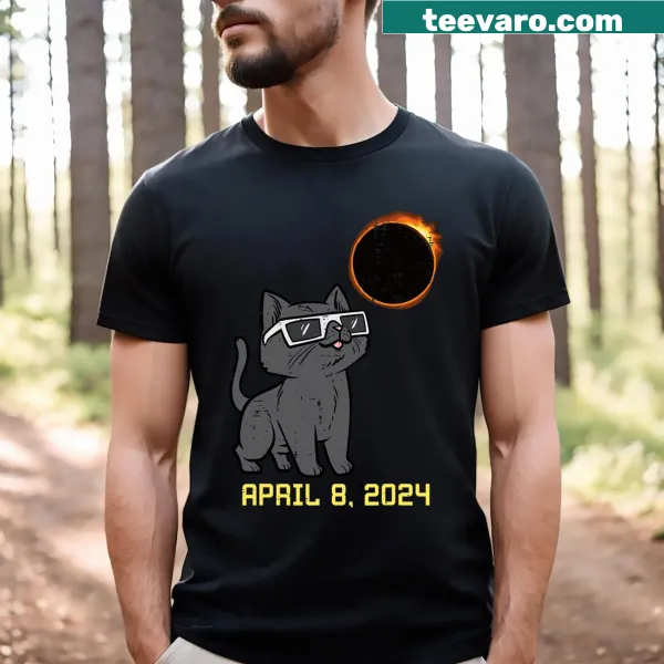 Black cat illustration on solar eclipse graphic T-shirt