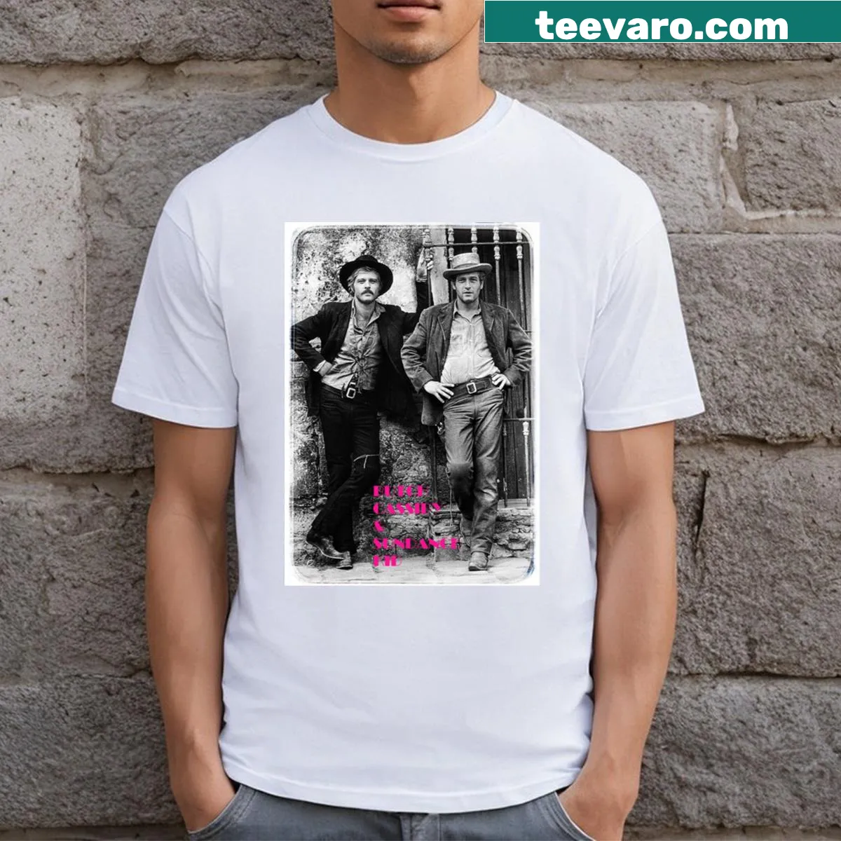 Humorous T-shirt featuring Butch Cassidy and Sundance Kid — on a men's t-shirt