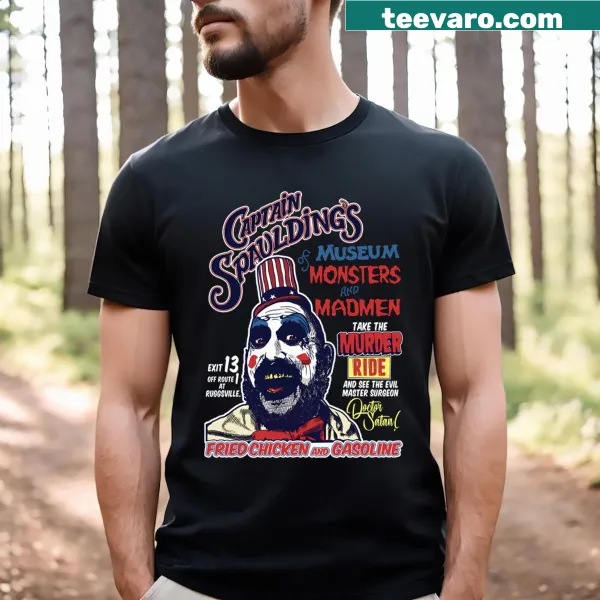 Illustration of Captain Spaulding on a horror-themed T-shirt