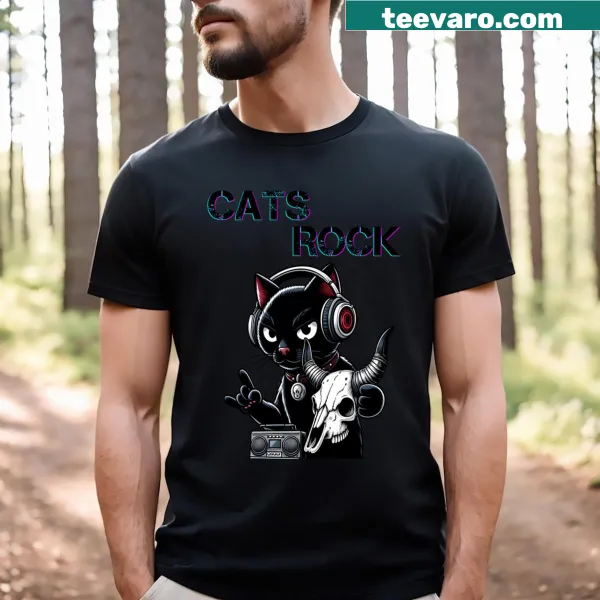 T-shirt with text 'Cats Rock' celebrating feline love.