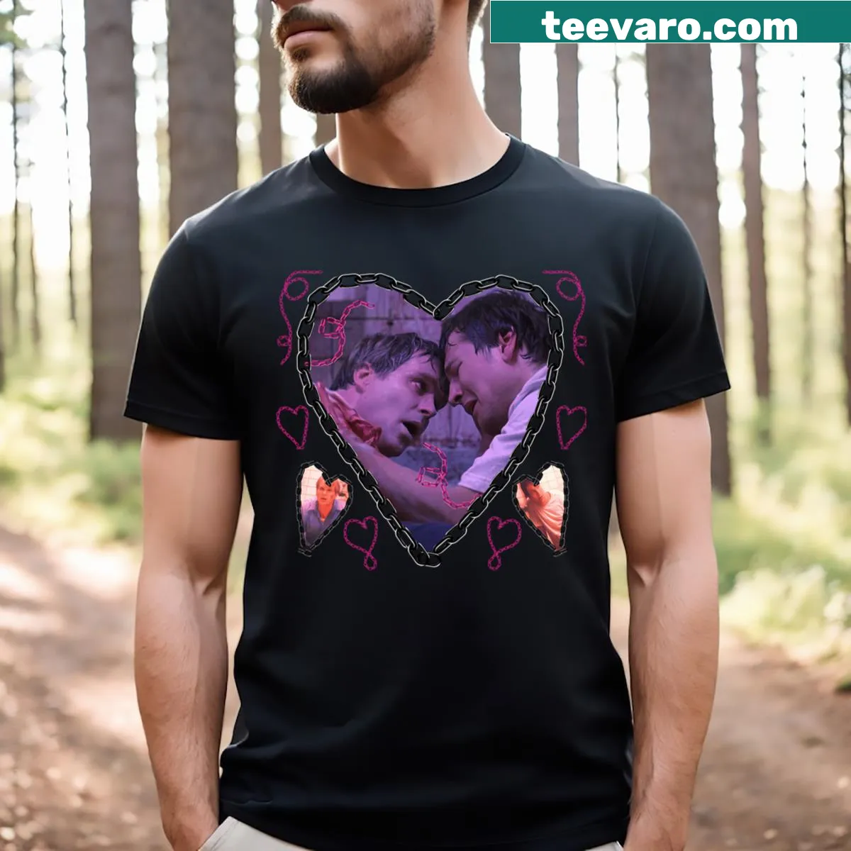 Playful cartoon design highlighting chainshipping in fandoms. — on a men's t-shirt