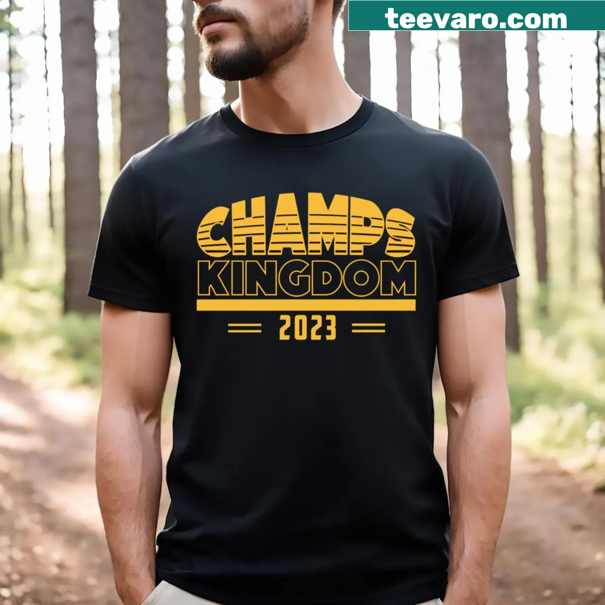 Emblem t-shirt representing Champs Kingdom Kansas — on a men's t-shirt