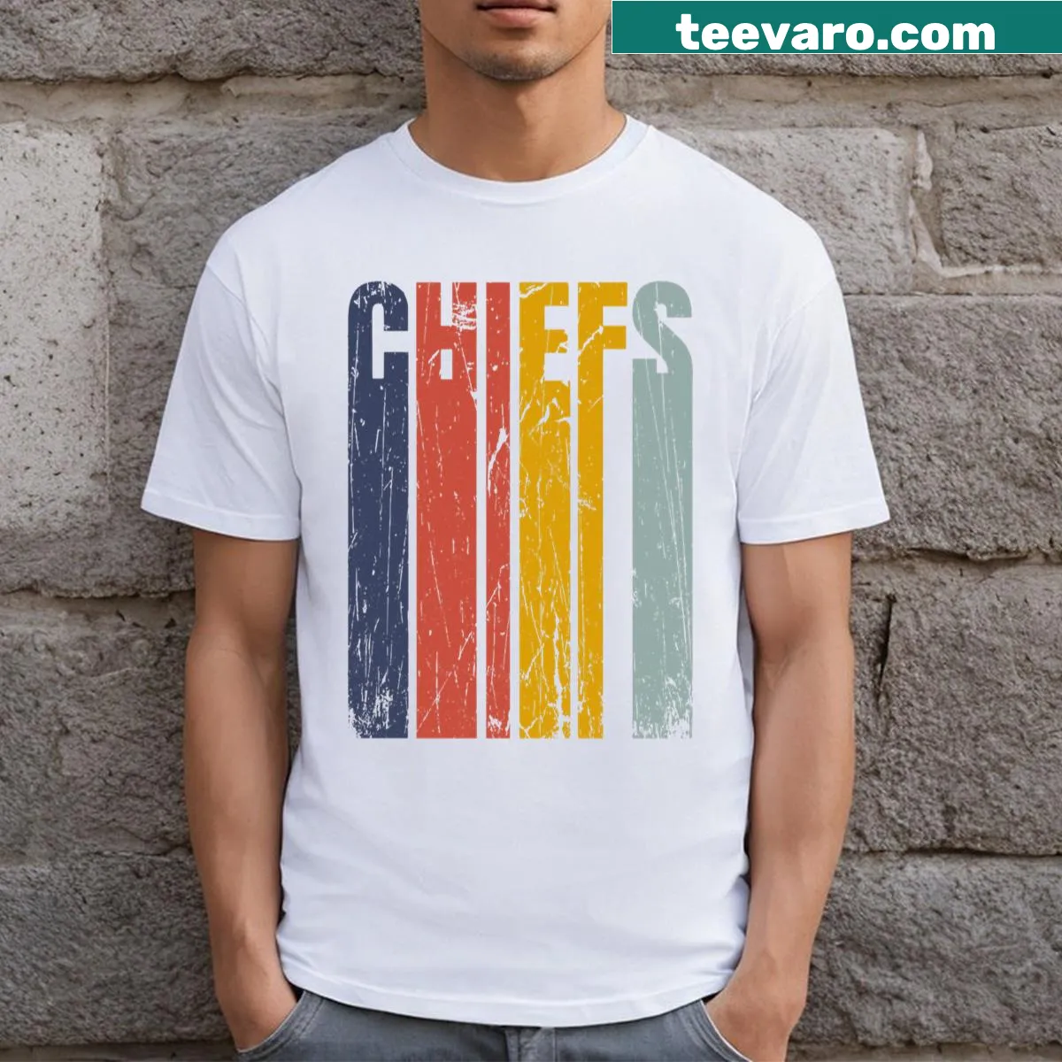 Retro Kansas City Chiefs t-shirt with vintage logo design — on a men's t-shirt
