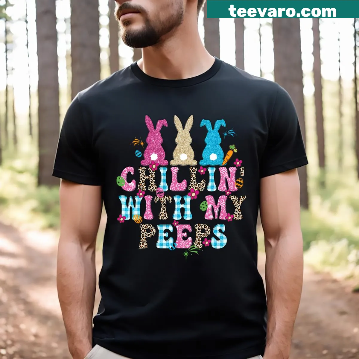 Cute Easter t-shirt with bunnies and colorful plaid eggs — on a men's t-shirt