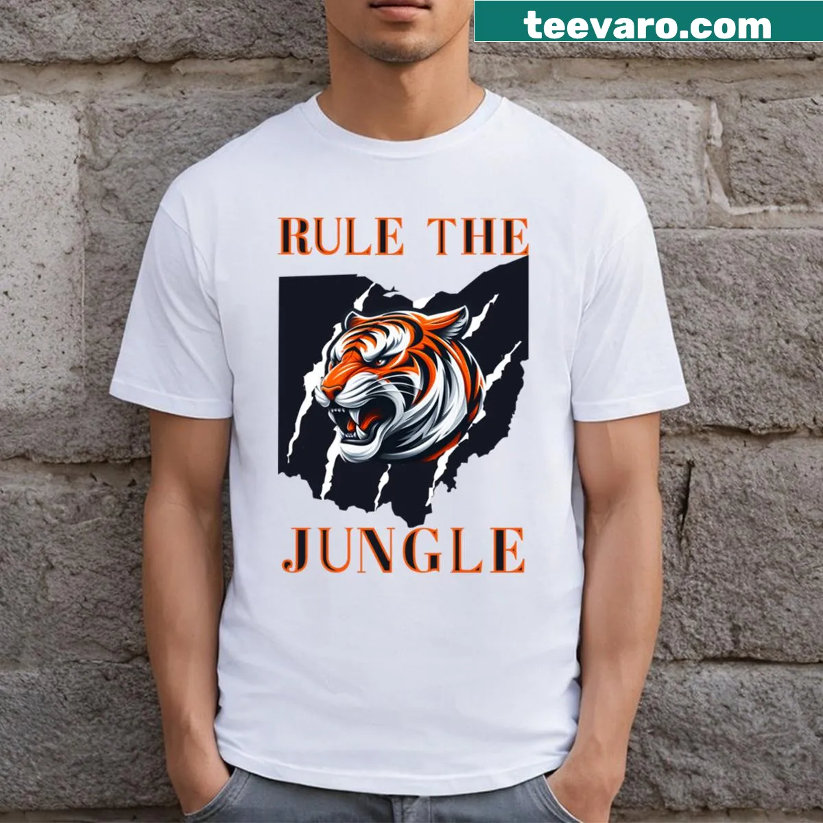 Cincinnati Bengals T-shirt stating 'Rule The Jungle.' — on a men's t-shirt