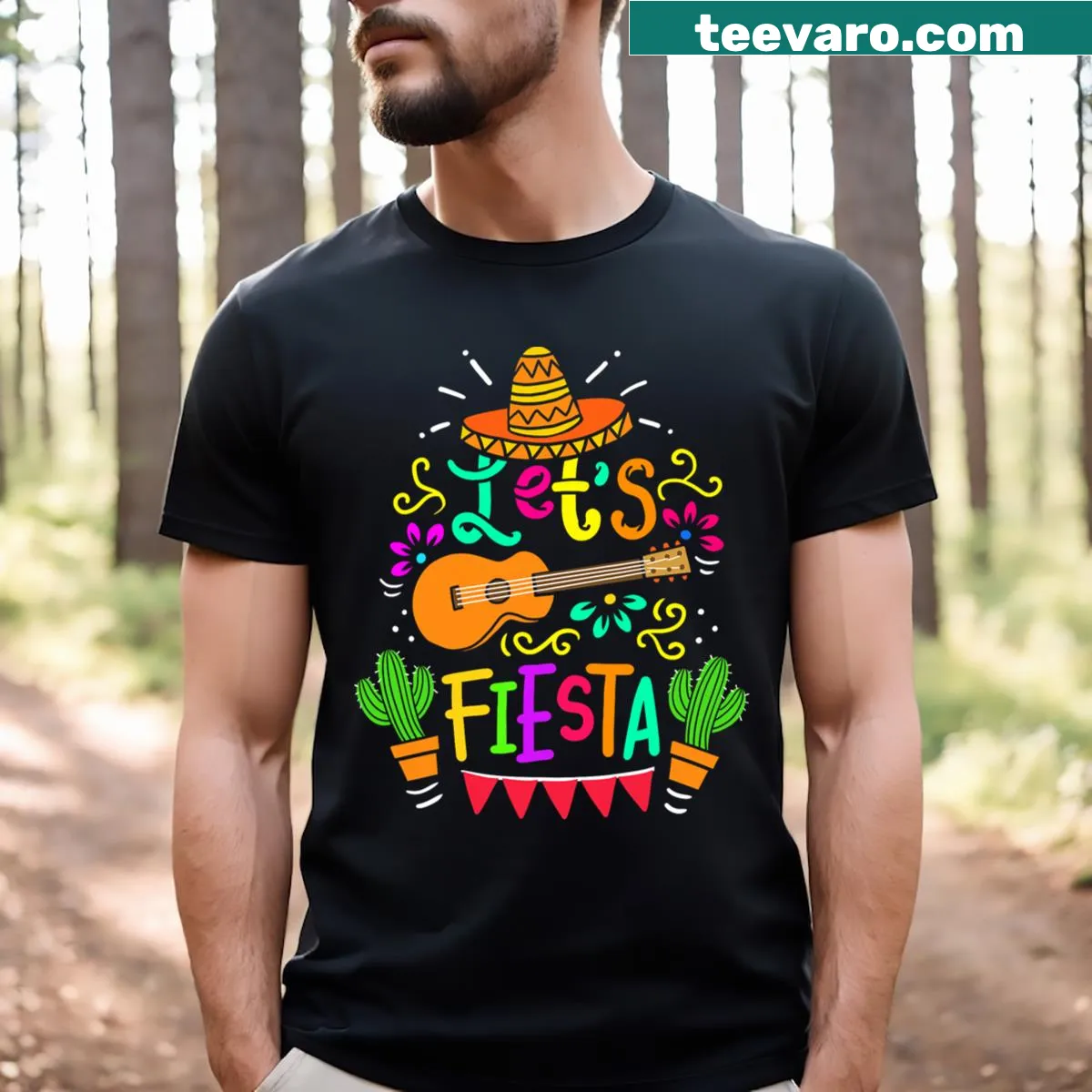 Cinco de Mayo T-shirt featuring a guitar and cactus design — on a men's t-shirt