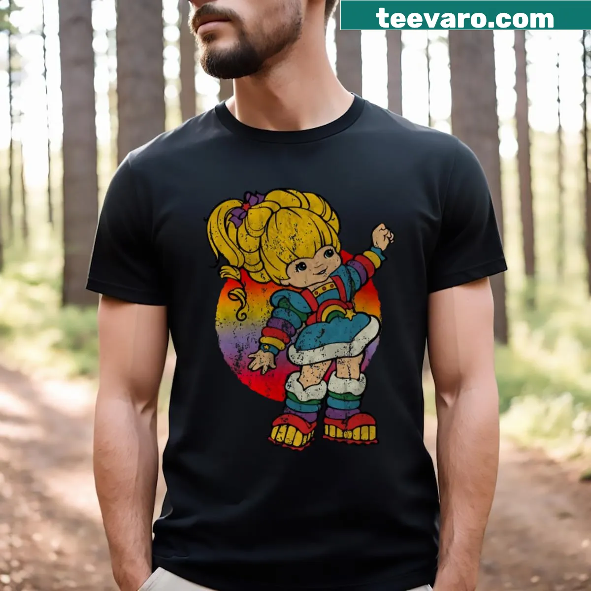 Colorful Rainbow Brite graphic t-shirt from the 80s — on a men's t-shirt