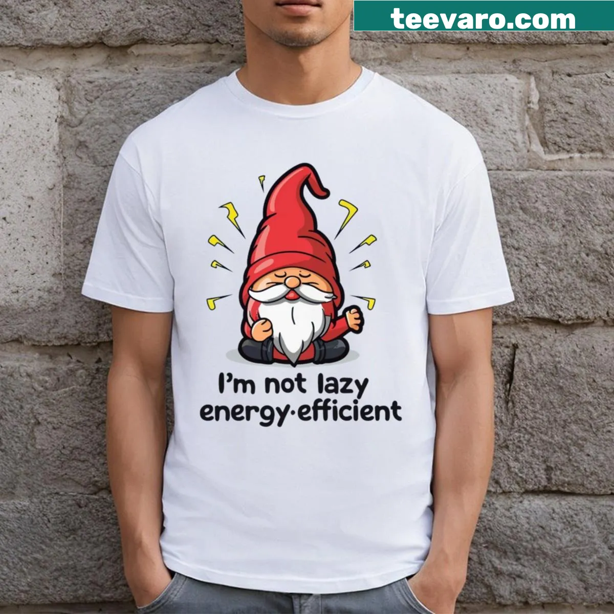 Cute gnome graphic T-shirt with a humorous saying about energy efficiency — on a men's t-shirt