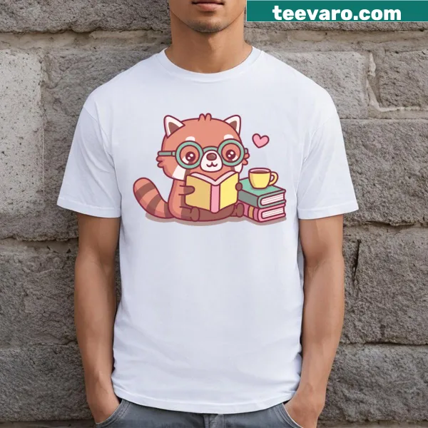 Illustration of a red panda wearing glasses and reading a book on a t-shirt