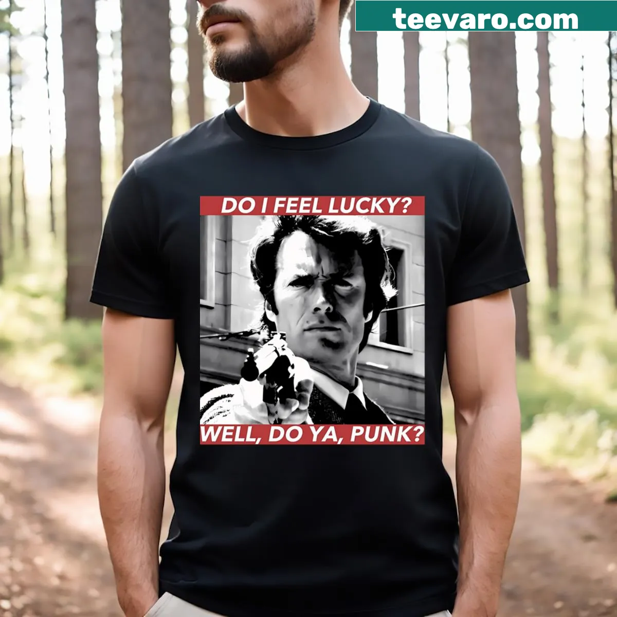 Dirty Harry themed t-shirt with bold quotes and graphics — on a men's t-shirt