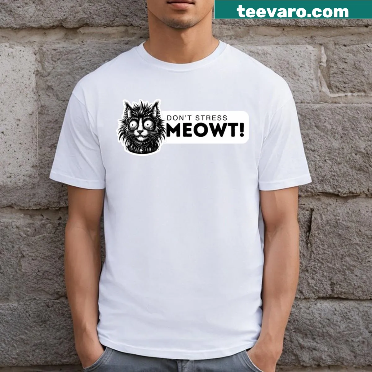Goth punk black cat t-shirt with the phrase 'Don't Stress Meowt' — on a men's t-shirt