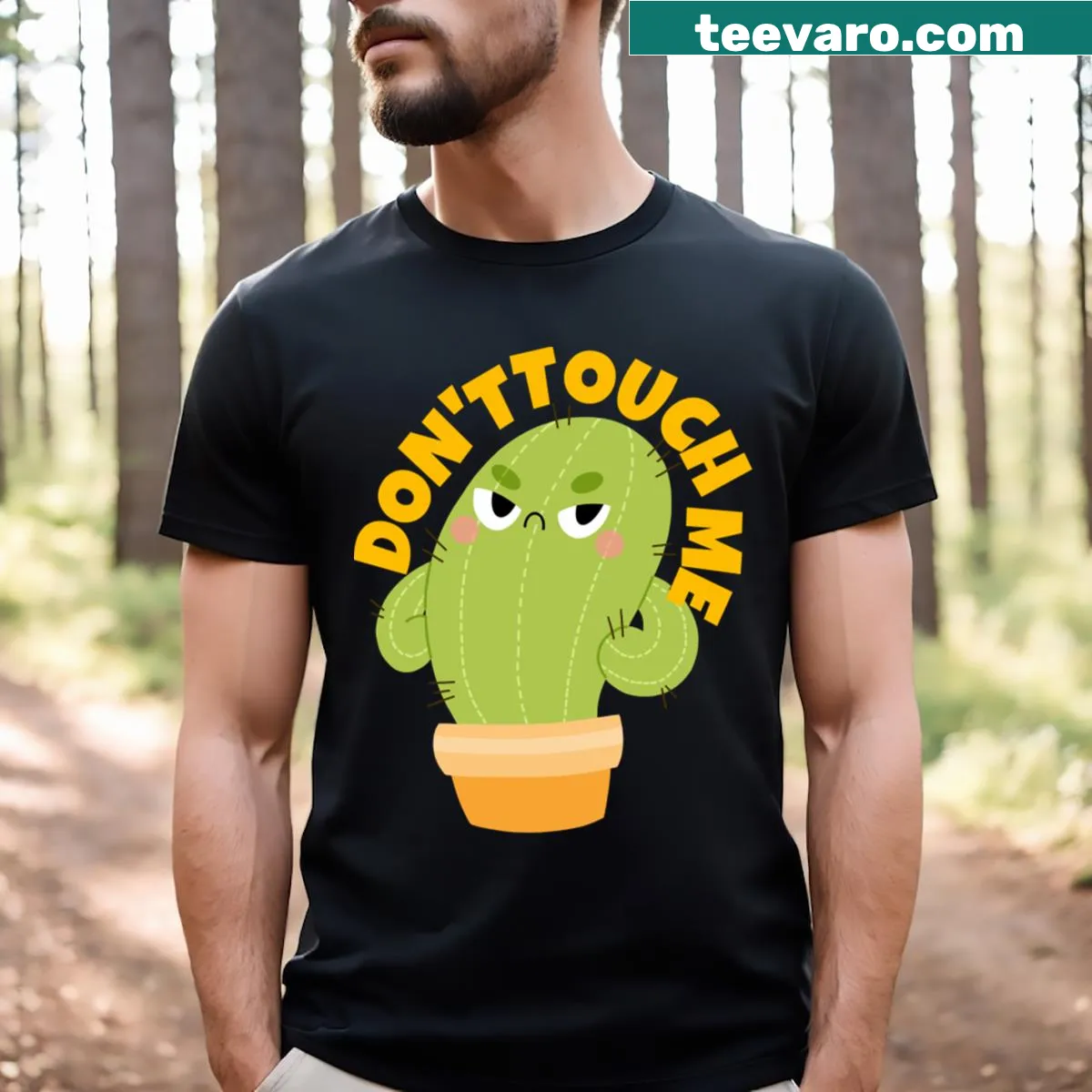 Funny grumpy cactus cartoon on T-shirt with humorous text — on a men's t-shirt