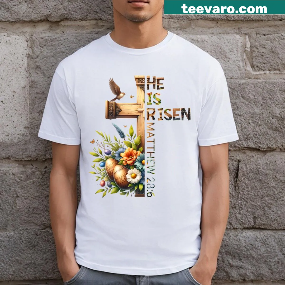 Inspirational Easter T-shirt featuring the message 'He Is Risen' — on a men's t-shirt