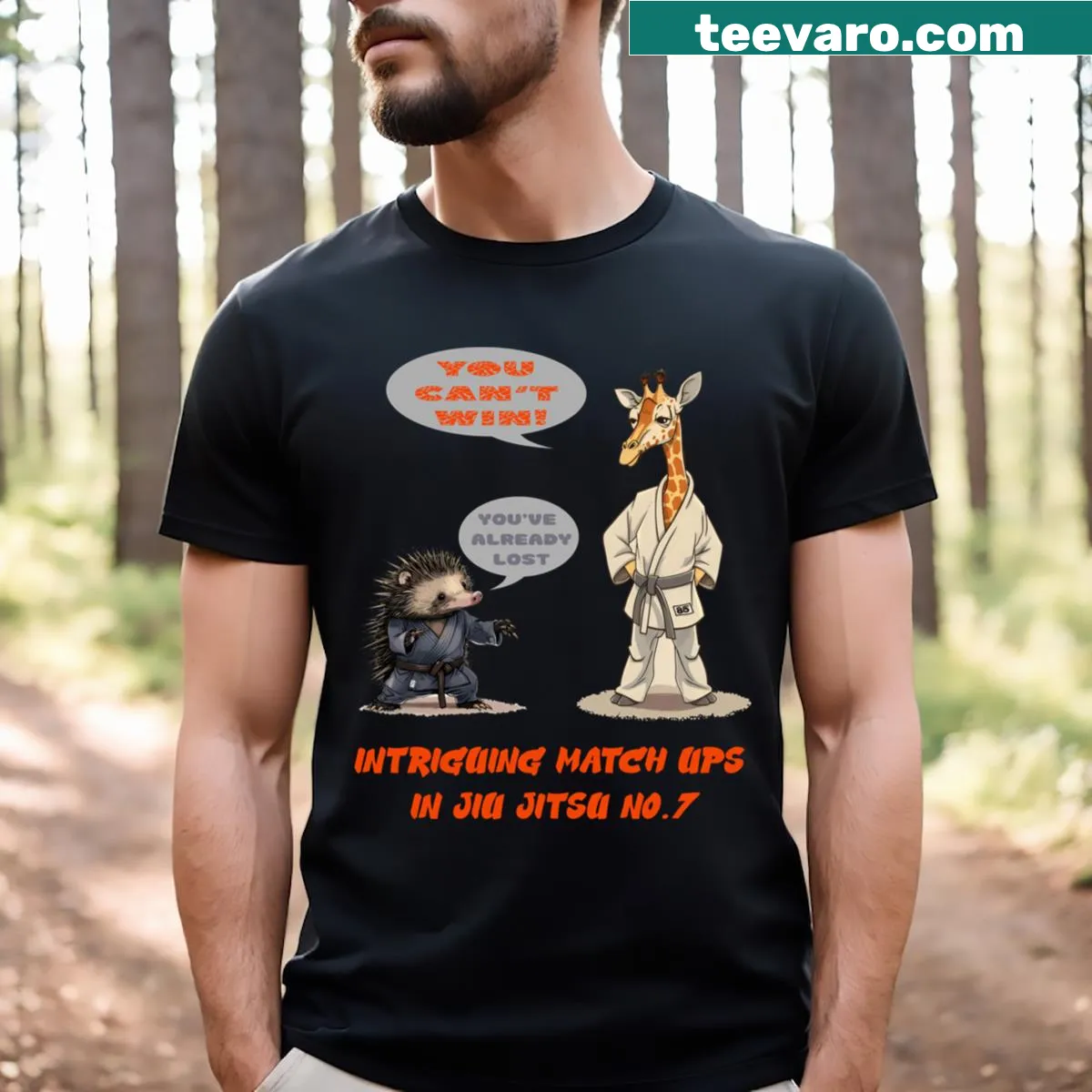 Illustration of an echidna and giraffe in a jiu jitsu match. — on a men's t-shirt