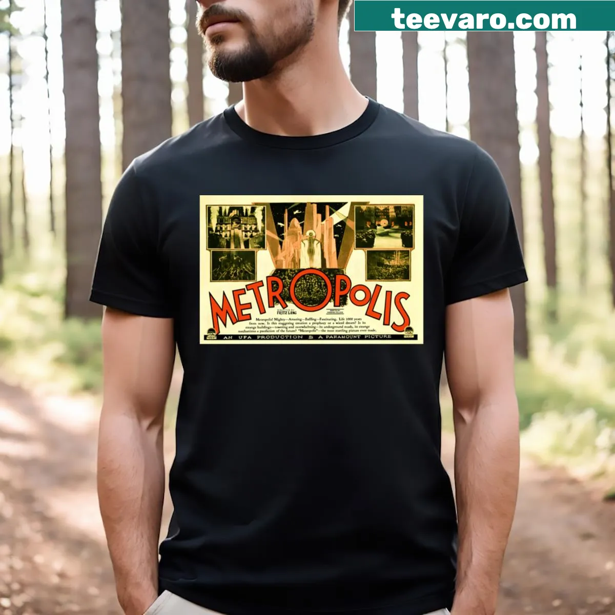 Vintage Metropolis movie poster graphic t-shirt — on a men's t-shirt