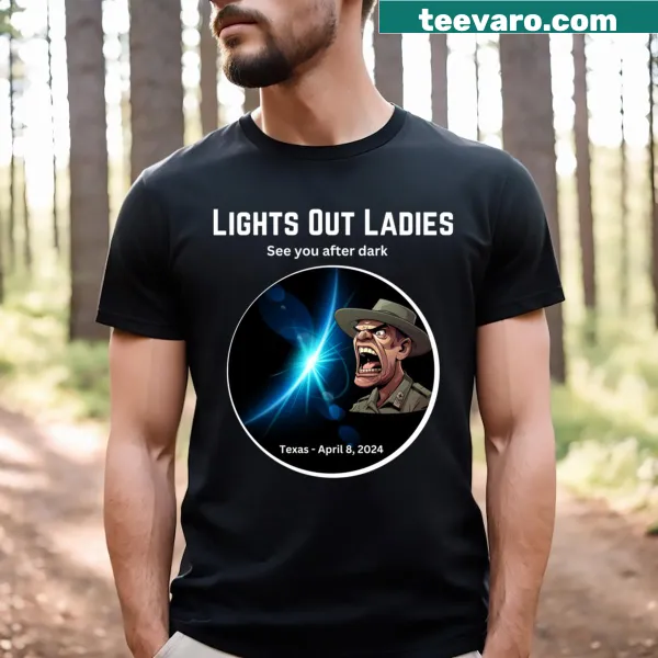 Whimsical solar eclipse graphic T-shirt celebrating Texas