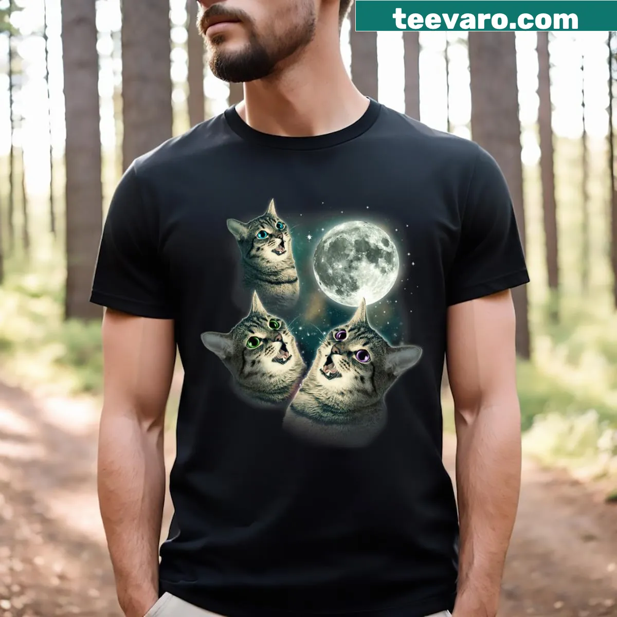 Cute shirt with three cats and three wolves under a moon illustration — on a men's t-shirt
