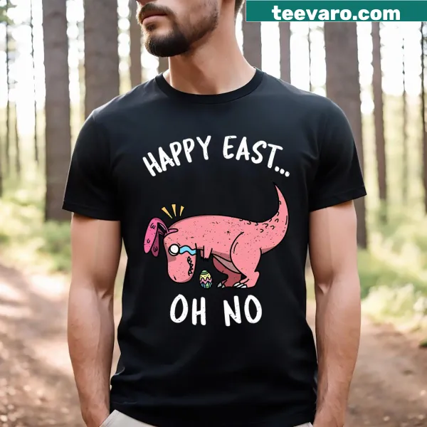 Funny Easter t-shirt featuring a crying pink dinosaur cartoon.