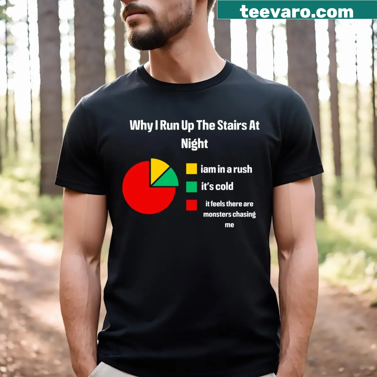 Funny t-shirt depicting the phrase about running up stairs at night — on a men's t-shirt