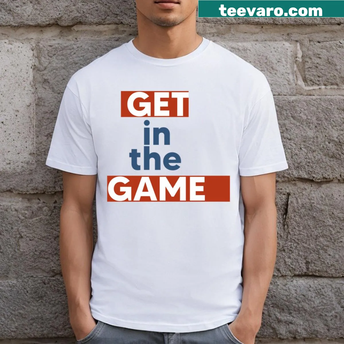 Bold Get In The Game t-shirt with striking typography — on a men's t-shirt