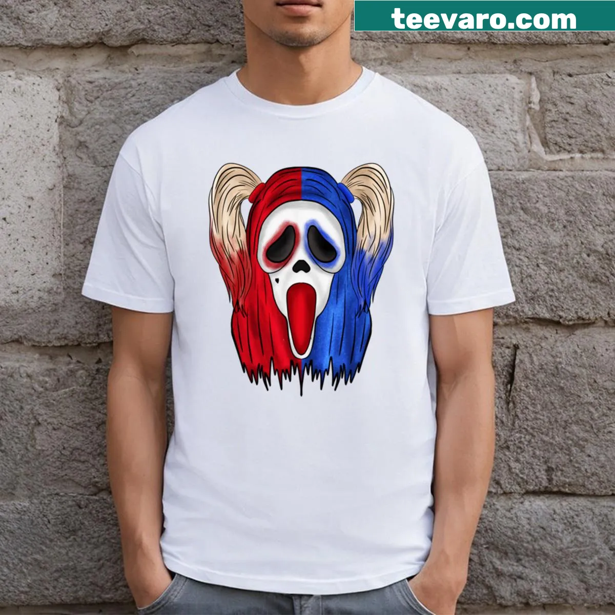 Illustration of Ghostface clown in a playful design — on a men's t-shirt