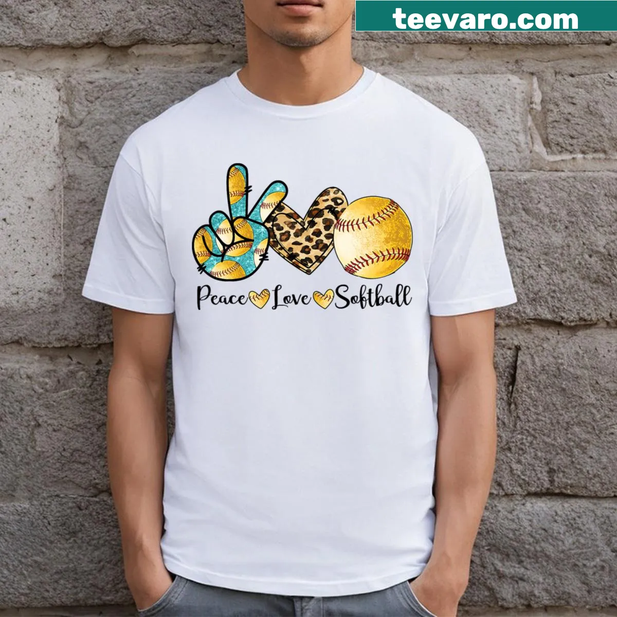 Cute softball-themed t-shirt featuring peace and love design — on a men's t-shirt