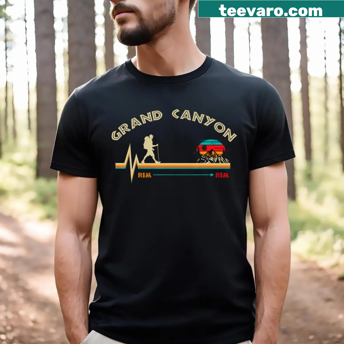 Vintage graphic of Grand Canyon Rim Rim on a hiking t-shirt — on a men's t-shirt