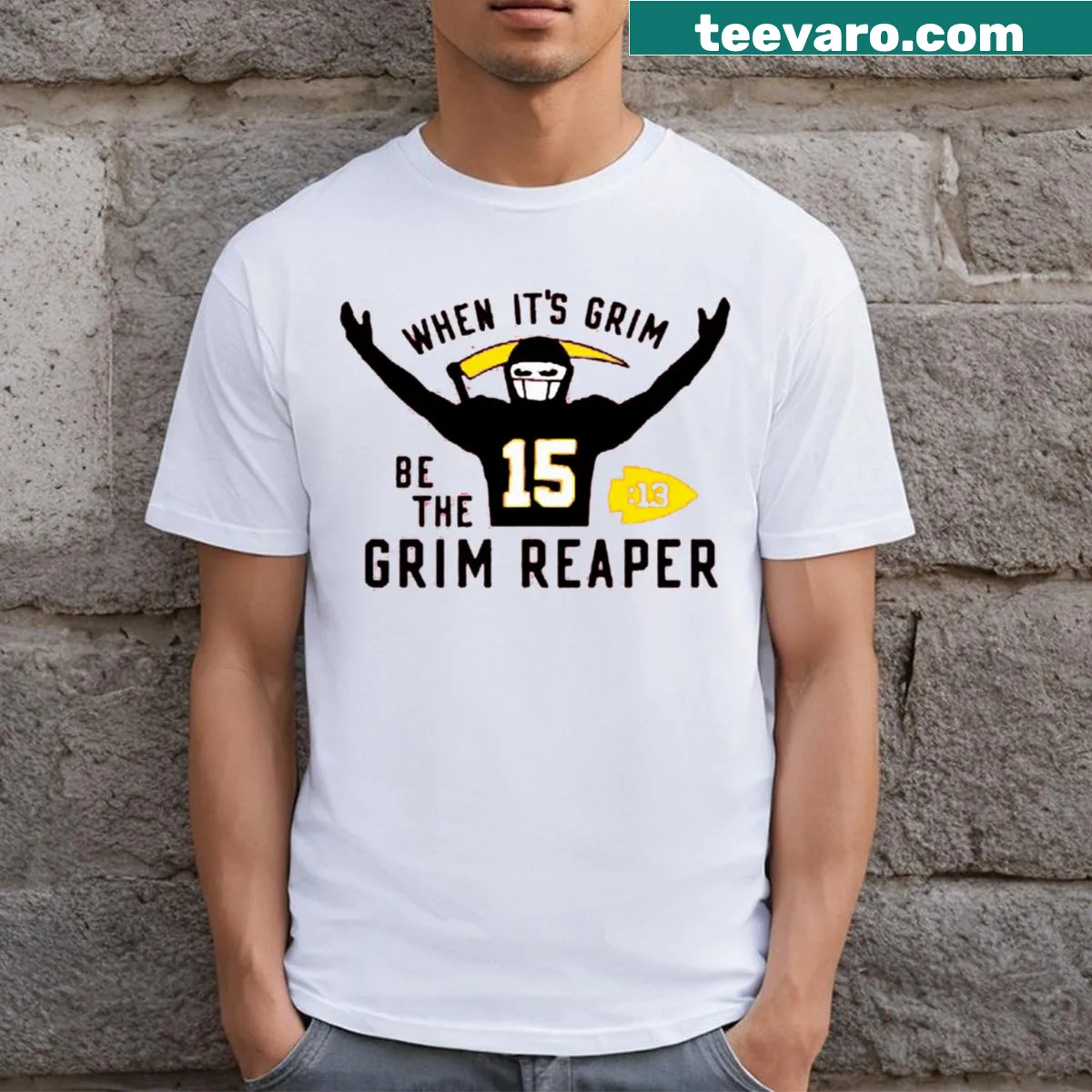 Humorous graphic of Patrick Mahomes as a Grim Reaper — on a men's t-shirt