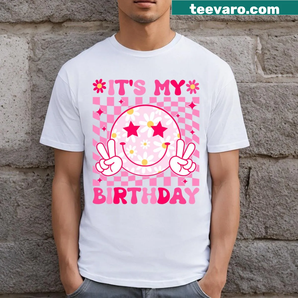 Playful birthday t-shirt with floral graphic and text for kids — on a men's t-shirt